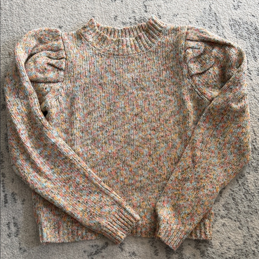 Aqua Multicolor Crew Neck Sweater with Puff Sleeves